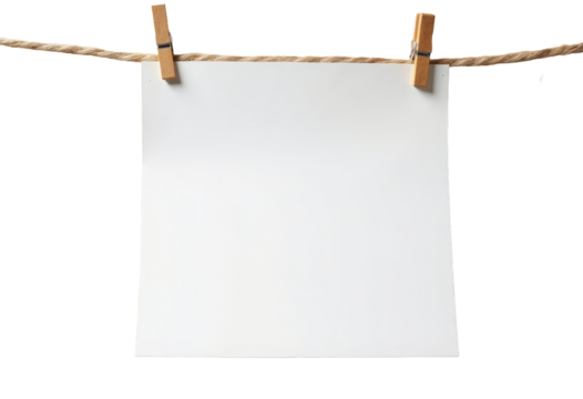 White paper held by clothespins on twine with wood background