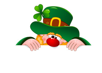 Funny Irish Leprechaun. Cartoon gnome in a green hat with a shamrock on a white background