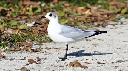 Seagull Standing Gracefully on Sandy Shoreline Surrounded by Natural Coastal Vegetation