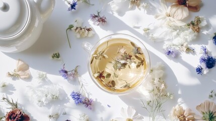 Floral herbal tea in glass cup surrounded by delicate blossoms.