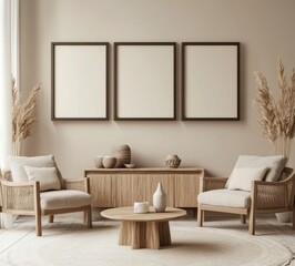 Minimalist Beige Living Room Interior with Wooden Furniture and Dried Plants