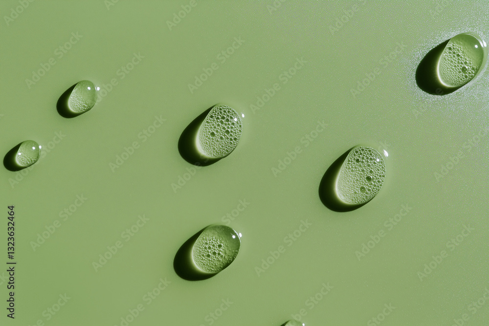 Poster ephemeral emerald: a mesmerizing close-up of transparent droplets, each encapsulating a tiny world o
