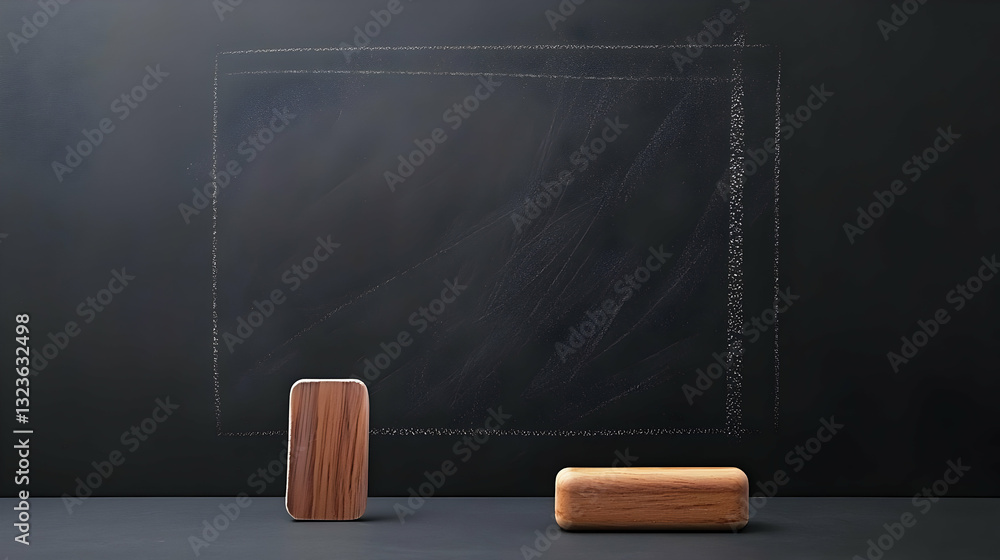 Poster minimalist composition of two wooden cubes on a dark textured background with square frame and subtl