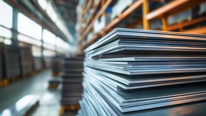 Metal sheets stacked in warehouse, shelves in background