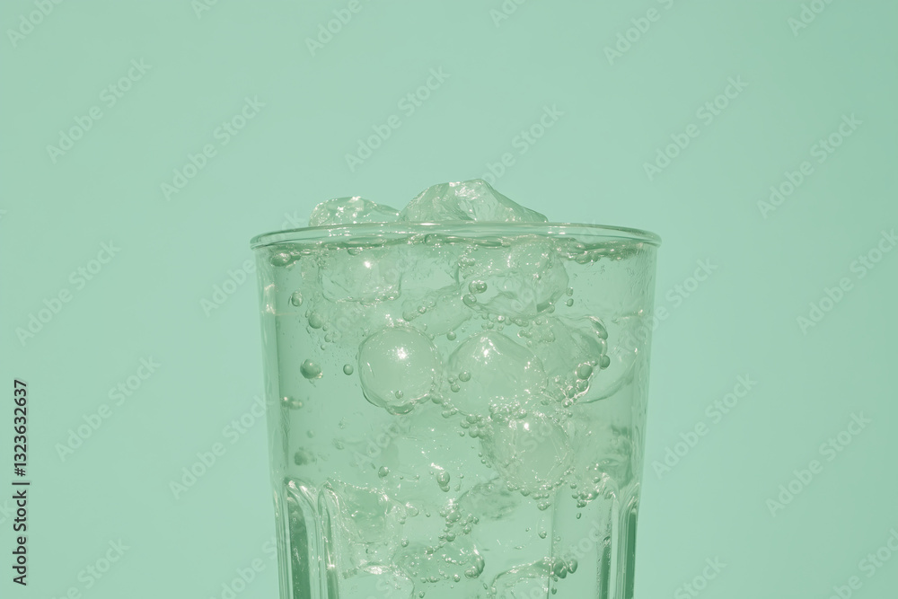Poster Refreshing Ice Beverage: A close-up of a clear glass filled with ice cubes and a cool, clear liquid, creating a visually appealing image of refreshment.