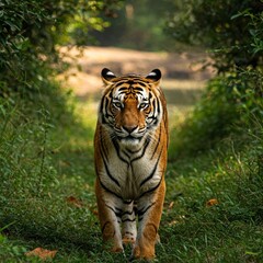 Obraz premium Photograph of a Bengal tiger in its natural habitat looking directly at the camera highlighting the majesty and vulnerability of wildlife