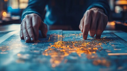 A person examines a map of the world with glowing lights