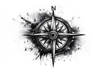 Black and white graffiti style compass wind rose illustration with a dynamic artistic flair