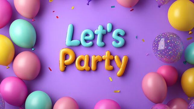 Colorful balloon letters create a festive atmosphere for party invitations with the phrase Let's Party on a purple background