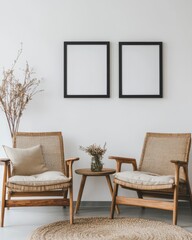 Minimalist Living Room with Woven Armchairs and Dried Flowers