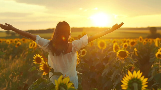 Woman embracing the sunrise in a field of sunflowers.