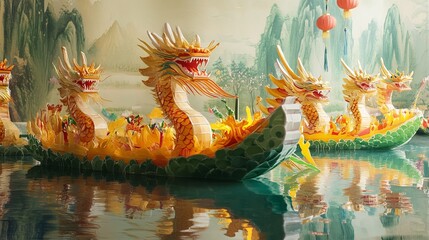 Celebration of Dragon Boat Festival with Ornate Dragon Boats Gliding on Calm Waters