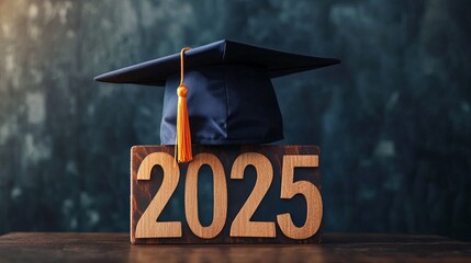 Graduation cap resting on wooden number 2025 symbolizes achievement for the Class of 2025 against a dark background