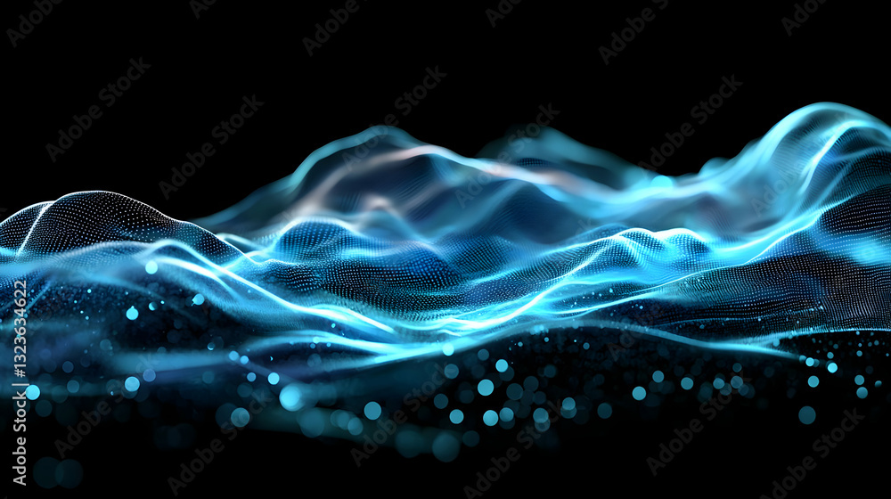 Aufkleber abstract blue digital wave with glowing particles on black background for technological concepts