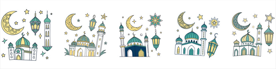 Minimalist Islamic Icons Mosque, Moon, and Lantern Design