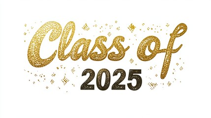 Elegant hand drawn lettering for Class of 2025 with golden effects on a bright white background