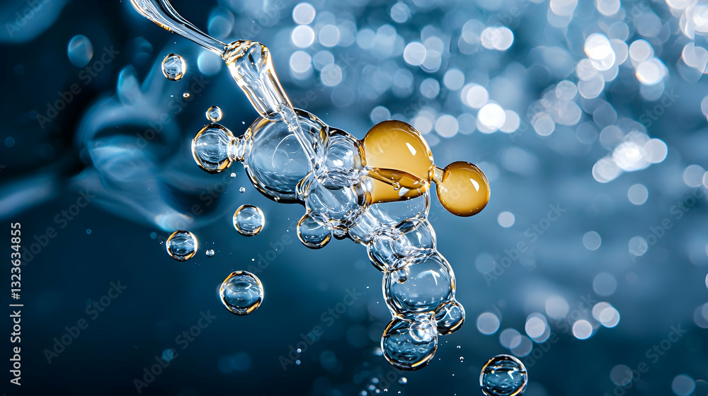 Poster macro photography of water droplets and bubbles with blue background showing transparency and fluid 