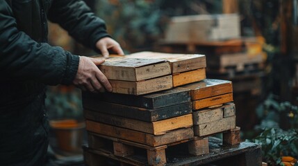 A person is moving stacks of wooden planks outside