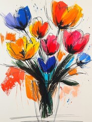 Wall art Poster of Bright and colorful flower vase drawing  with playful doodle art elements and vibrant ink strokes