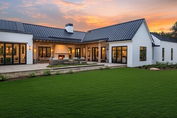 Modern farmhouse exterior at sunset.  