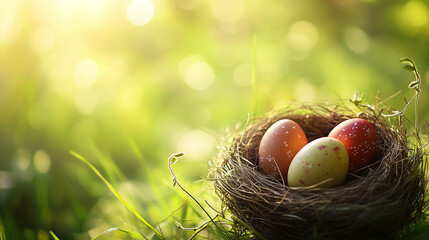 Obraz premium Three painted easter eggs in birds nest celebrating happy easter on spring day with green meadow and blurred grass in foreground and bright sunny background with space for text.