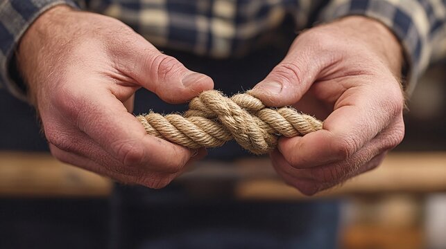 Human hands carefully holding a thick twisted piece of rope - Powered by Adobe