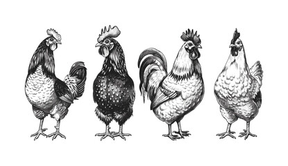 Vector rooster art, vintage engraving, isolated chicken set, black and white sketch, cock silhouette, hand drawn poultry, farm fowl, rooster illustration, bird ink sketch, farm animals
