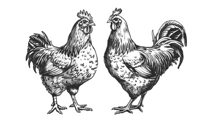 Vector farm fowl, isolated chicken set, rooster illustration, vintage engraving, black and white ink sketch, cock art, hen silhouette, hand drawn poultry, ink rooster, bird drawing