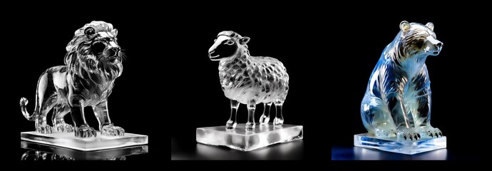 Three transparent figurines of a lion, sheep, and bear are displayed on clear pedestals against a stark black backdrop, showcasing their glass-like material.