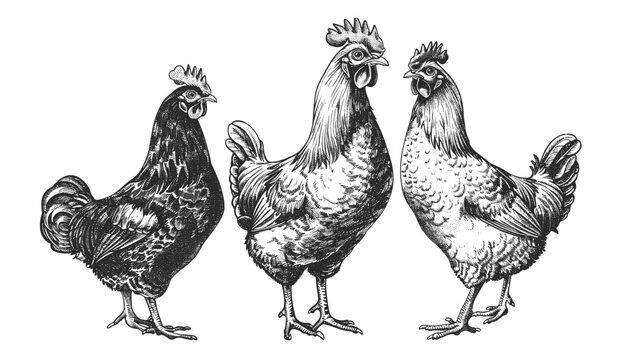 Hand drawn vector rooster, farm fowl, vintage chicken set, isolated illustration, black and white ink sketch, cock art, hen bird silhouette, poultry, farm animals, ink illustration