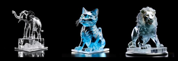 Three clear crystal animal figurines displayed in a row on a reflective surface against a dark background. An elephant, cat, and lion are illuminated.