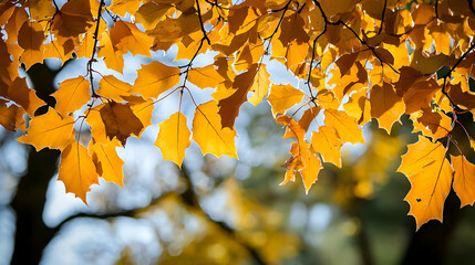 Close Up Of Bright Golden Yellow Autumn Leaves Illuminated By Warm Sunlight With Green Blurred Background