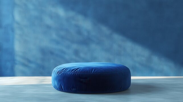 A plush velvet pouf, draped in a soft, indigo hue, sat majestically on an equally textured blue backdrop, bathed in the warm glow of a minimalist room.