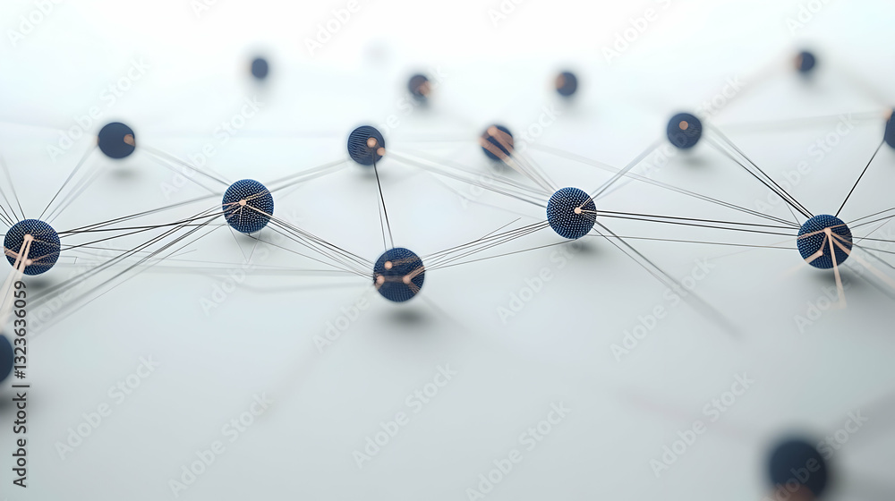 Poster abstract digital network of spheres linked by lines on white background with blue and gold details