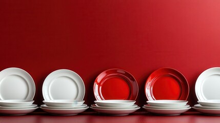 A vibrant red backdrop serves as a striking stage for a minimalist arrangement of simple red and white plates, creating a sense of order and elegance in the everyday.