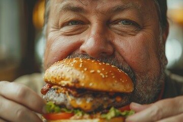 A middle-aged Caucasian man joyfully holding a delicious gourmet burger close to his face.