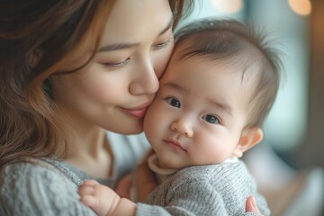A tender moment between an Asian woman and her adorable baby, filled with love and warmth.