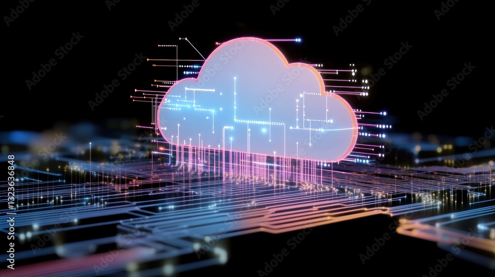 Poster abstract digital cloud with glowing circuits, representing modern technology, data storage, and conn
