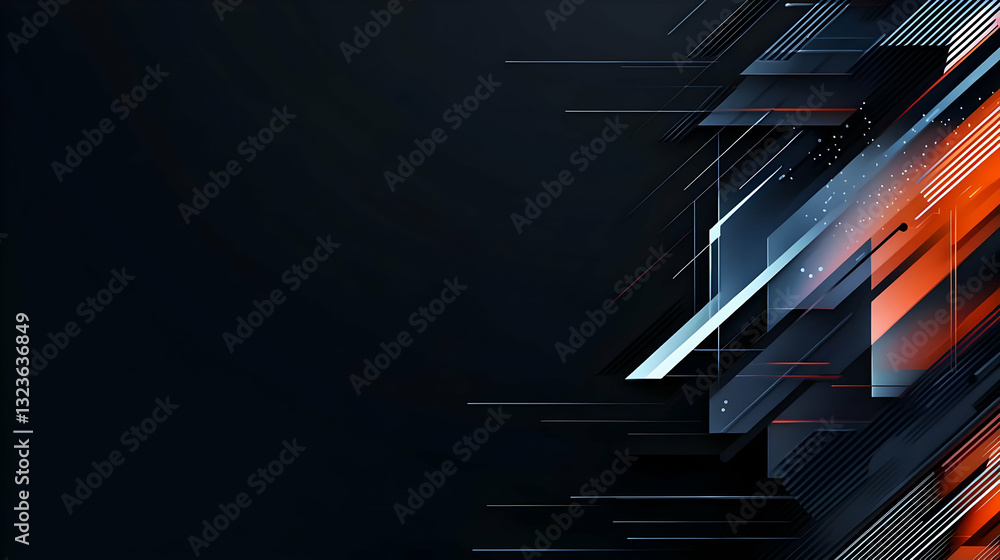 Poster abstract geometric composition with blue orange and black tones displaying digital network structure