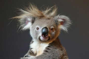 Koala with ruffled fur looking like a messy hairstyle, resembling a bob cut, on a dark gray background