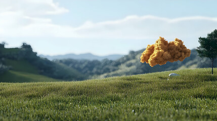 Golden Fried Food Floating Above Lush Green Field Against Blue Sky And Distant Forest