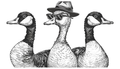 Vintage vector engraving goose, isolated duck set, hand-drawn ink sketch, farm bird silhouette, geese glasses, hipster hat, black and white fashion illustration, sunglasses art. © aura studio