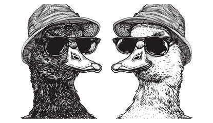 Vector vintage engraving, duck set with glasses, goose ink sketch, farm bird silhouette, black and white hand-drawn art, geese wearing hipster hats, fashion illustration. © aura studio