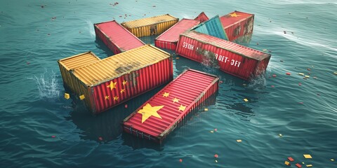 Several colorful shipping containers with Chinese flags partially submerged in water, creating a striking visual impact.