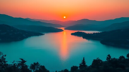 Fototapeta premium Serene Sunset Over Mountain Lake Landscape