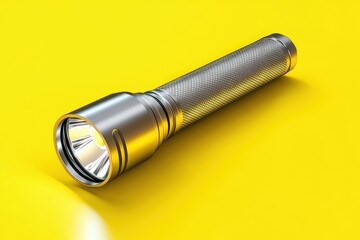 A single metallic flashlight laying on a yellow colored background
