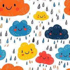 Cute seamless pattern of colorful smiling clouds and raindrops  
