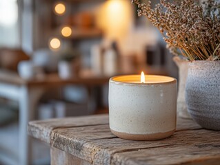 Cozy Ceramic Candle on Rustic Wooden Table  
