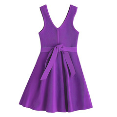 Purple dress with a V-neck sleeveless design and a tied waist sash creating an A-line silhouette against a white background.