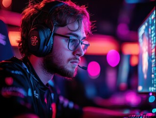 A professional esports gamer wearing headphones and a microphone competes in an intense gaming session, surrounded by vibrant neon lighting and high-tech equipment.  
